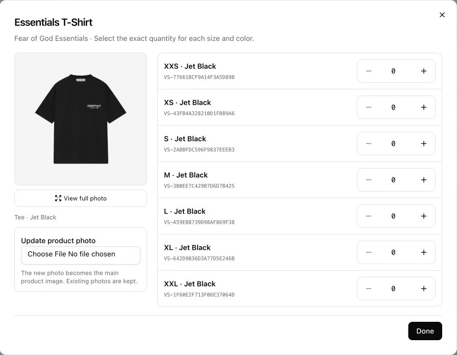Real Pulse supplier product view with apparel photography and shipment quantity controls for each size.