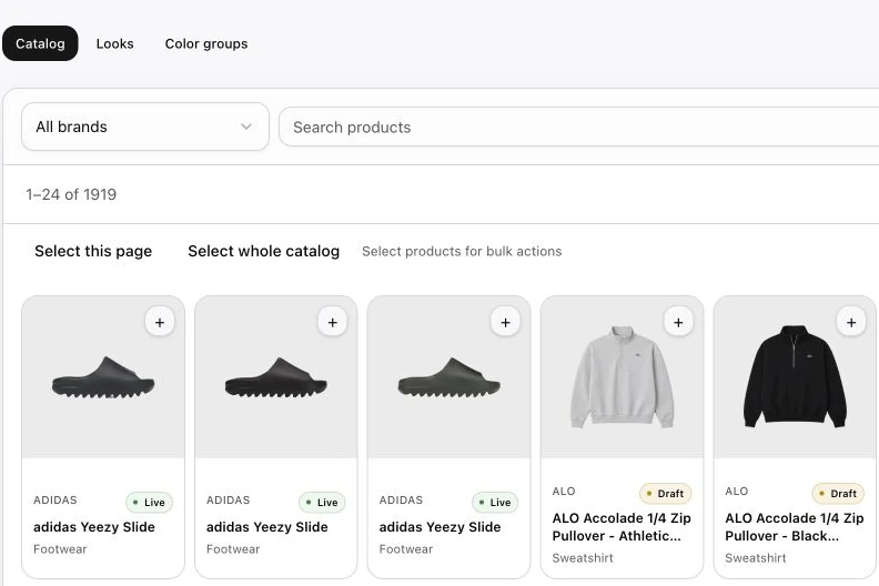 Real DTC Manager catalog with product photography, publication status and storefront preview controls.