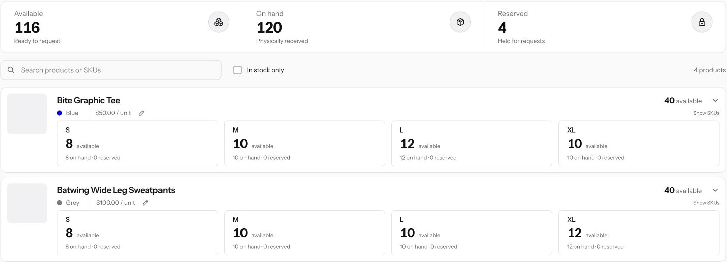 Real Brand Portal showing brand inventory and size-level stock.