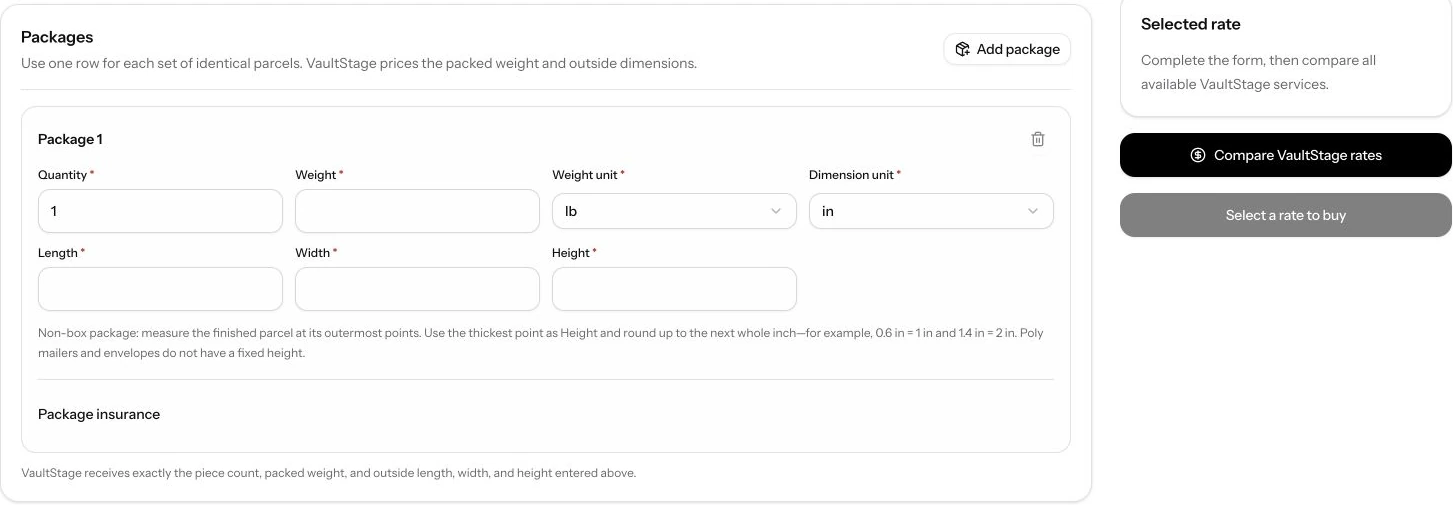 Real VaultStage Shipping composer with package dimensions, weight and service comparison controls. No customer details are shown.